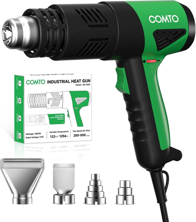 COMTO Store 1800W Industrial Heat Gun, Fast Heating 122℉-1202℉ Variable Temperature Control Overheat Protection 2 Speed Air Flow with 4 Nozzles for Crafts, Shrinking Tubing, Vinyl Wrap (SG-1004) - Image 1